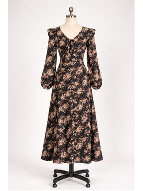 VTG Floral Midi Button Front Dress Sheer Black Sz 8 90s Cottagecore Whimsigoth